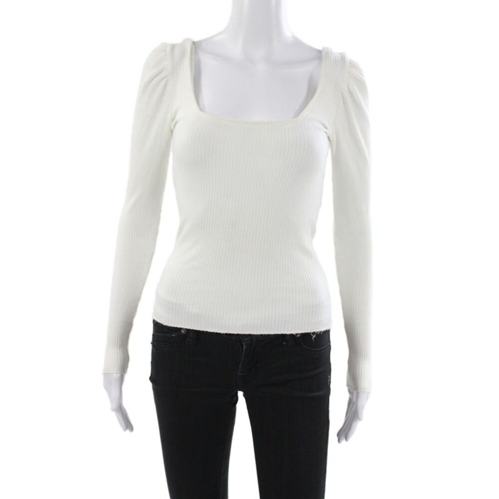 The Range Womens Basic Ribbed Knit Square Neck Long Sleeve Blouse White Size XS